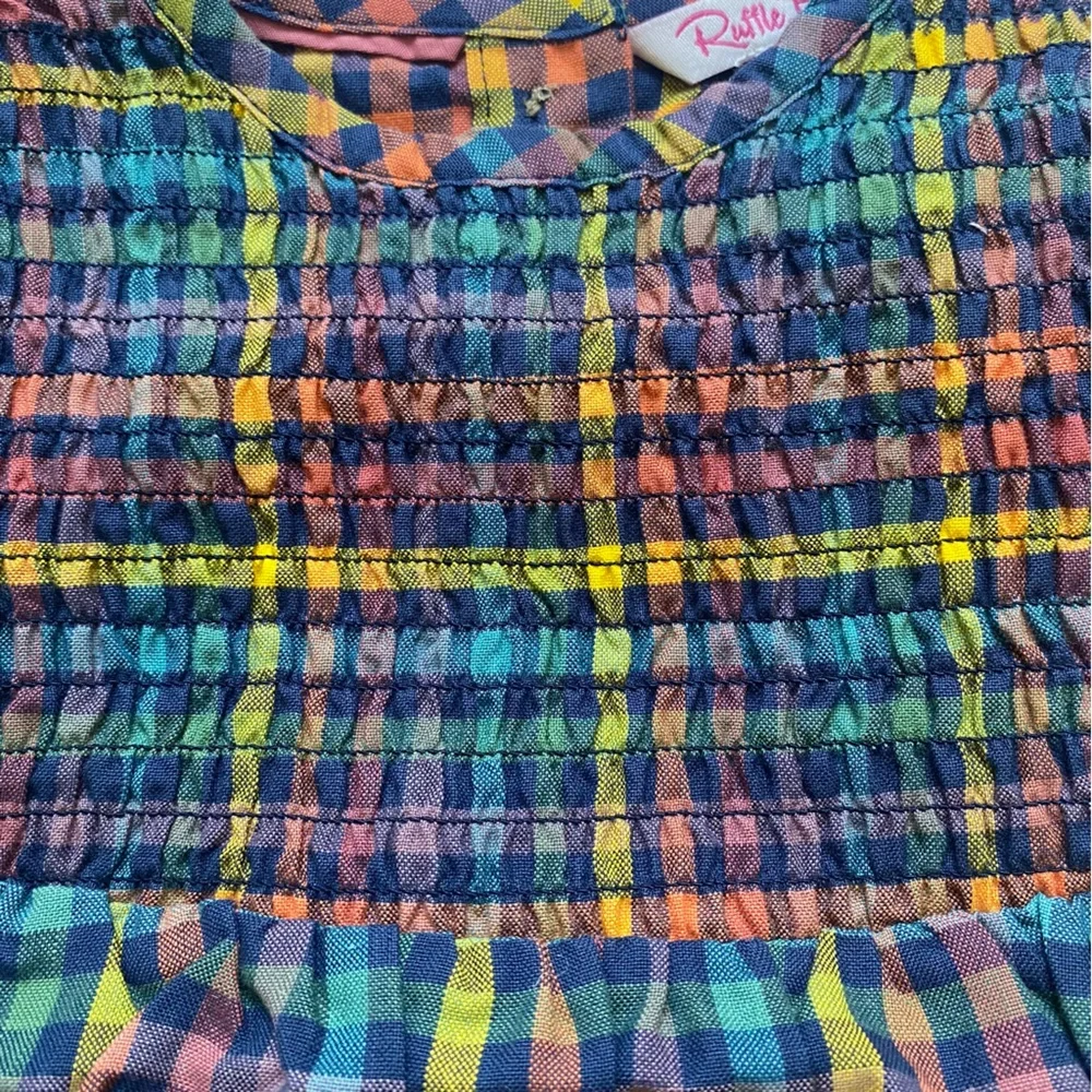 NWT RuffleButts Harvest Rainbow Gingham Long Sleeve Smocked Bubble Romper, 0-3M